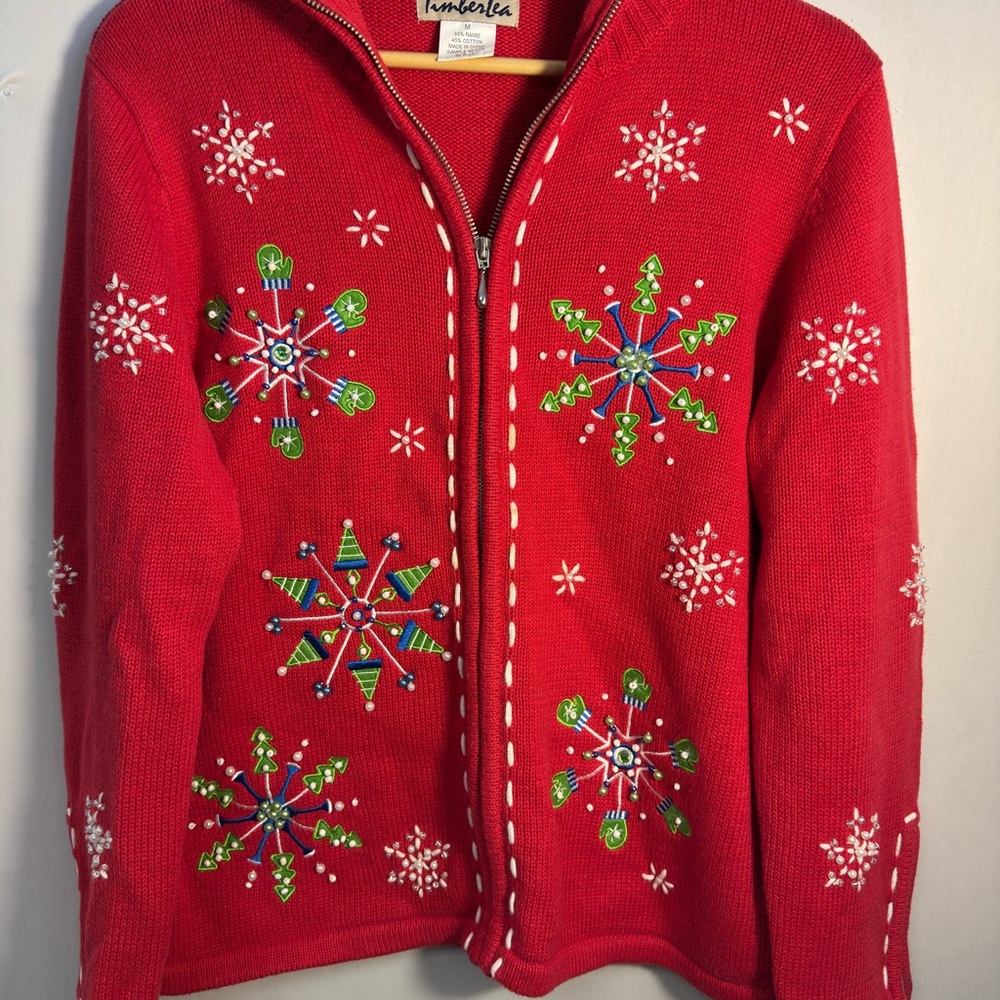 Red Christmas Snowflake Embroidered Sweater Cardigan Medium